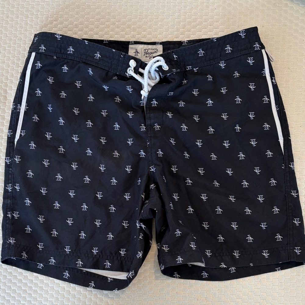 Original Penguin Navy Swim Trunks with White Penguin Print